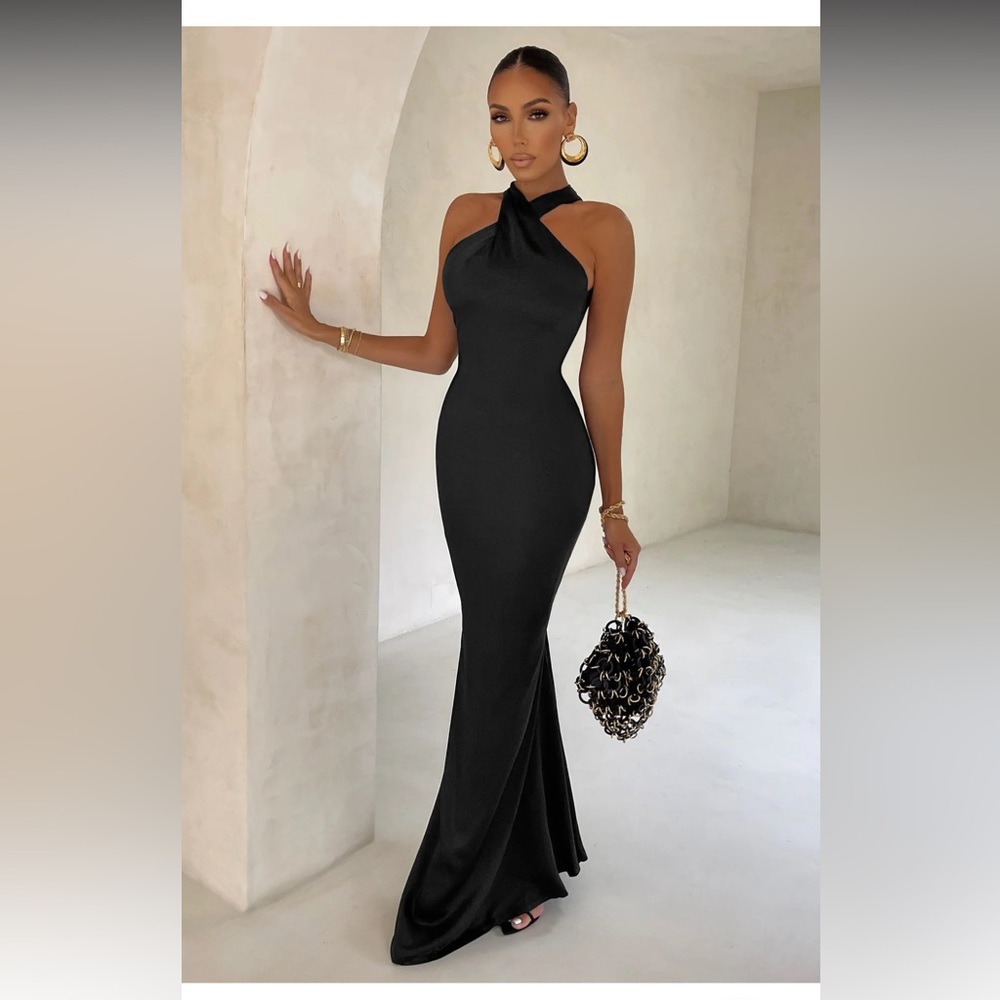 Black silk feeling dress prom, bridesmaid pageant dress